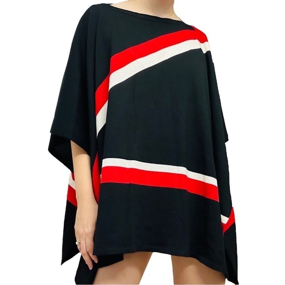 St. John Cape Poncho Sweater Wool Knit Minimalist Designer Black Striped Small - Picture 1 of 9